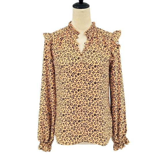 Rachel Parcell Leopard Animal Print Long Sleeve Ruffle Shoulder V-neck Blouse - Picture 4 of 15